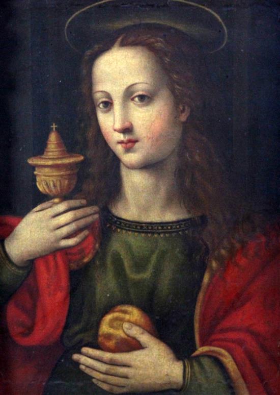 Follower of Fra Bartolomeo Virgin holding a chalice and fruit, 15.5 x 11.5in.. later vineous carved frame